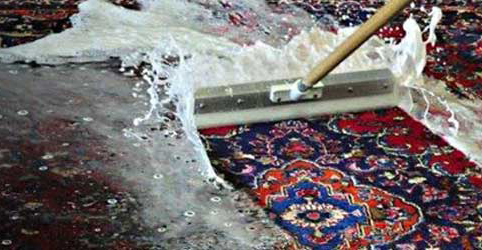 A rug being washed by hand with a horsehair brush in a full rug bath