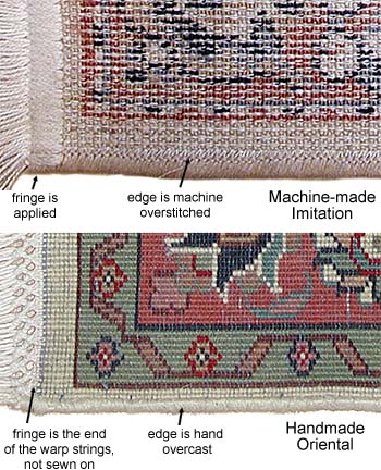 Close-up of the back of a machine-made rug showing the overstitch construction