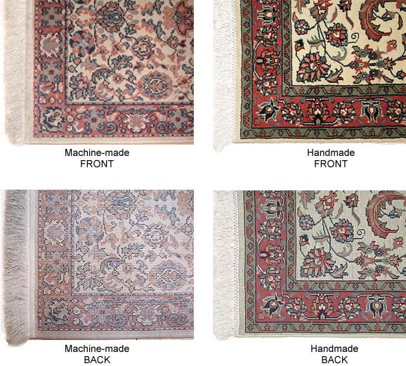 Front and back of a machine-made rug compared with a handmade rug