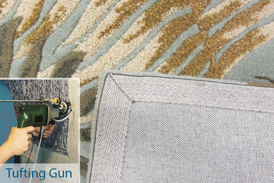 The front and back of a tufted rug, with a tufting gun